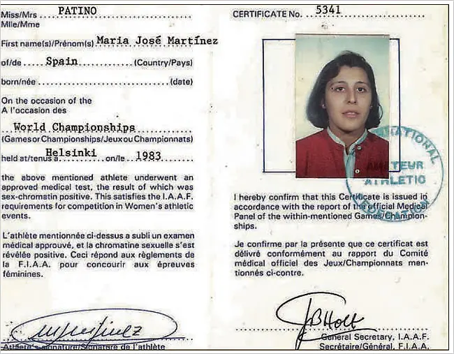 A scan of a piece of paper that shows, on the right, a photograph of a woman. Beneath that it says "I hereby confirm that this Certificate is issued in accordance with the report of the official Medical Panel of the within-mentioned Games/Championships" On the right, it shows that Maria Jose Martinez Patino passed her sex chromatin test