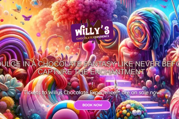 Fantasical image. Huge lollies. Sweeping staircase. Sign saying Willy's Chocolate Experience. Book Now button.