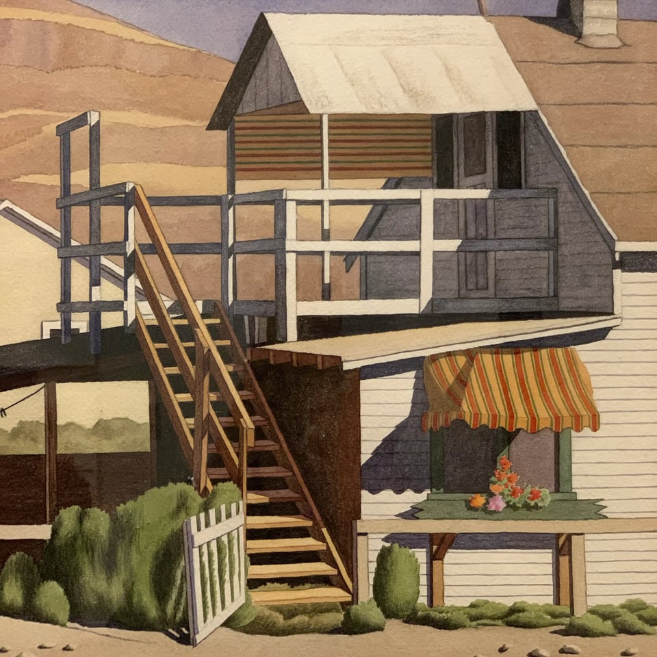 A watercolor depicting a wooden house, a staircase leading to a second-story deck, with a vibrant striped awning over a flower-adorned window below.