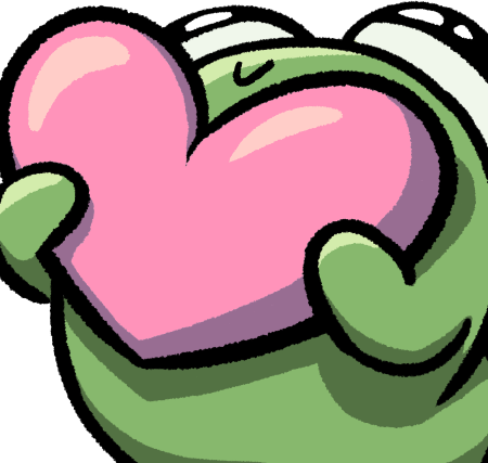 a very round green frog smiling and holding up a large pink heart
