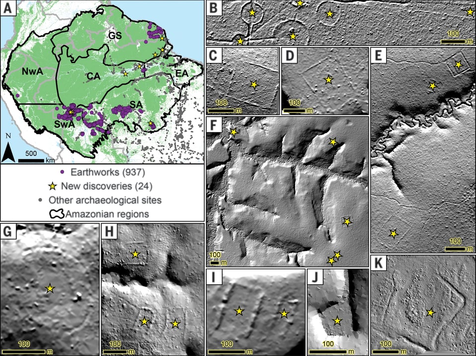 A map of newly found earthworks in the Amazon.