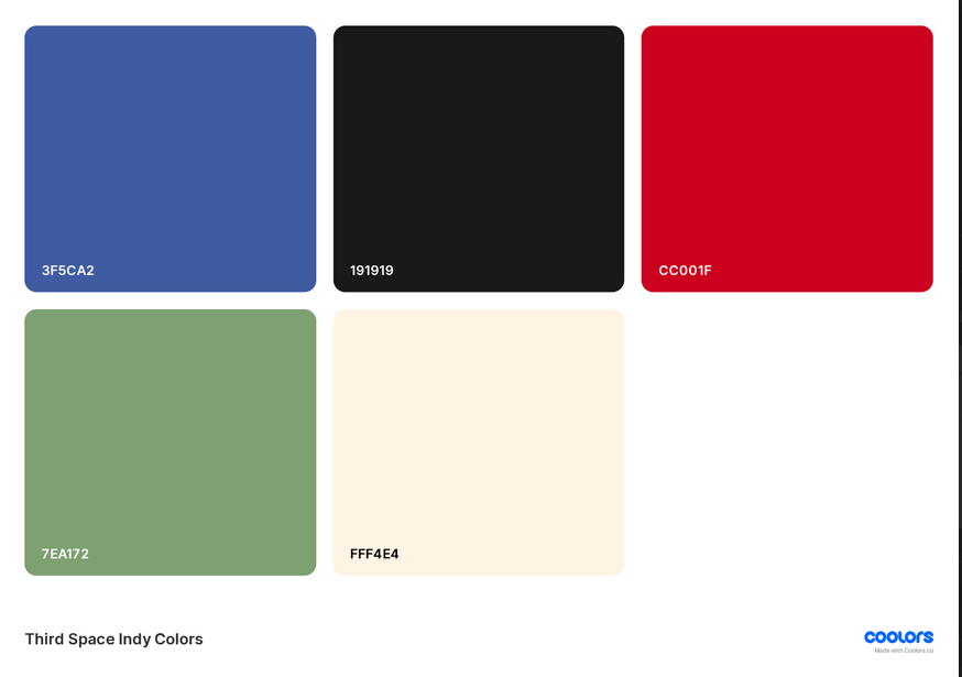 The 5 color selections for the Third Space Indy branding.