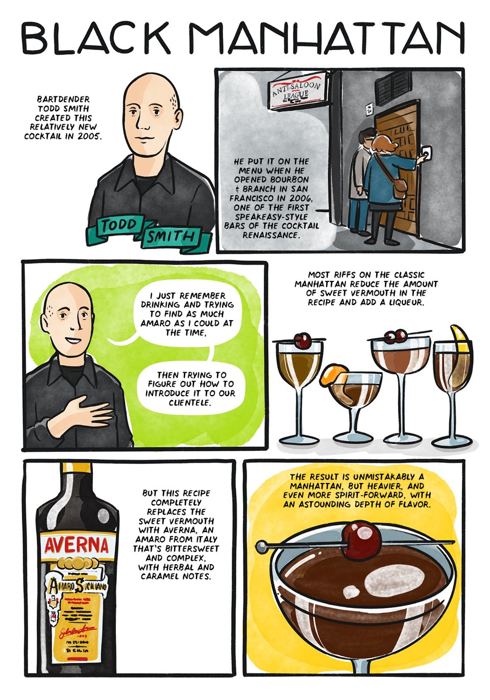 Bartender Todd Smith created this cocktail in 2005. He put it on the menu when he opened Bourbon & Branch in San Francisco in 2006, one of the first speakeasy-style bars of the cocktail renaissance. Most riffs on the classic Manhattan reduce the amount of vermouth, but this one replaces the vermouth with Amaro Averna. The result is unmistakably a Manhattan, but heavier, and even more spirit-forward, with an astounding depth of flavor.