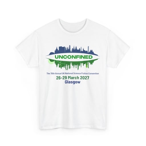 A white T-shirt, with the Unconfined logo, and the location and dates of the convention