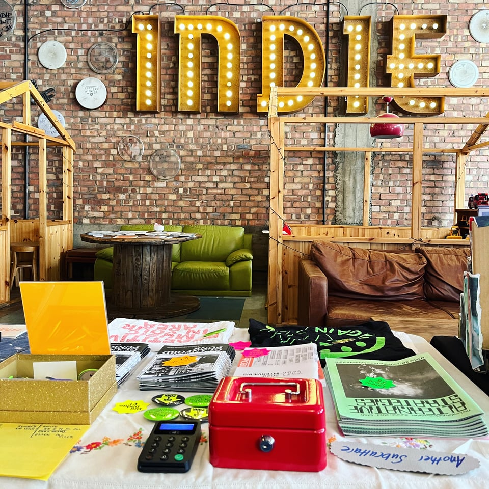 My table at Scunthorpe Zine Fest (at Cafe Indie, 30/07/2023)