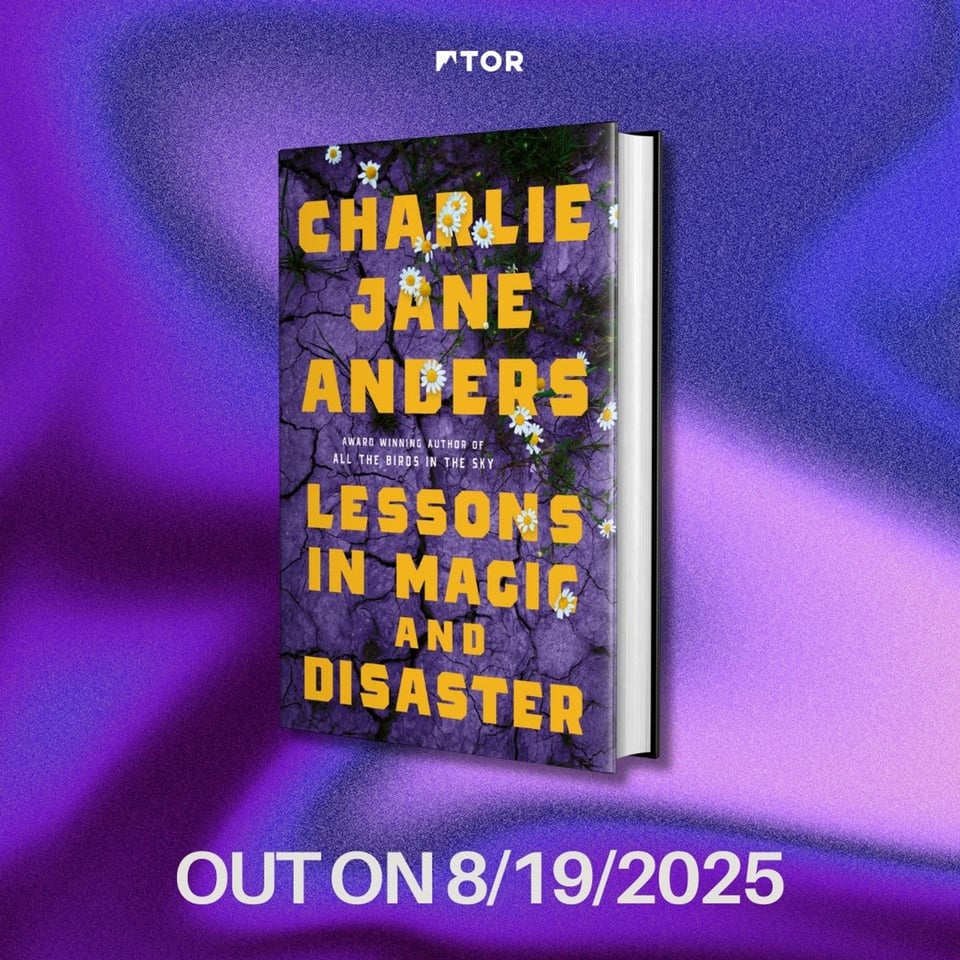 The cover of Lessons in Magic and Disaster, with daisies coming out of cracked ground, tinged purple. The book is resting on a purple background.