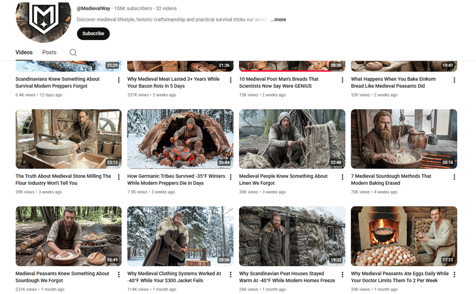 A screenshot of twelve videos from "medieval way." All of them show some dude saying something like "why medieval thing is great while your thing is bad." Or "the medieval secret that modern people erased."