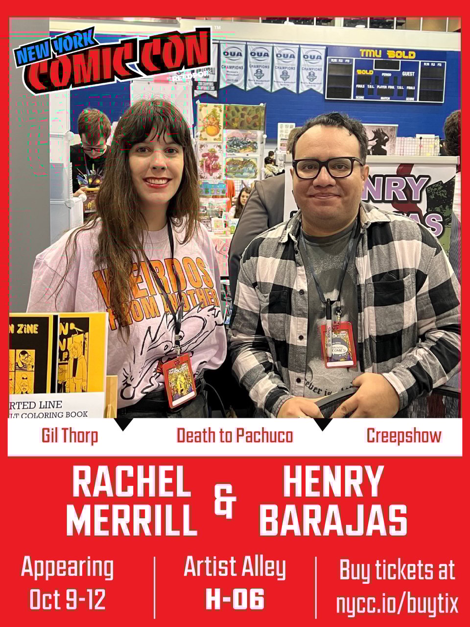 two people standing at comic book fair. new york comic con promo image henry barajas rachel merrill