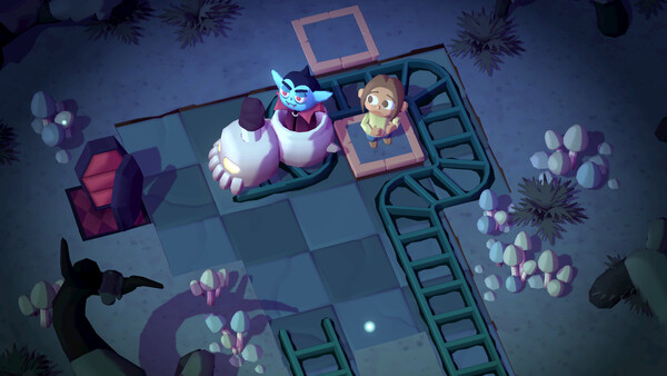 A screenshot from the game Spooky Express showing a creepy little cart on a track in an eerie environment decorated with things like mushrooms and coffins