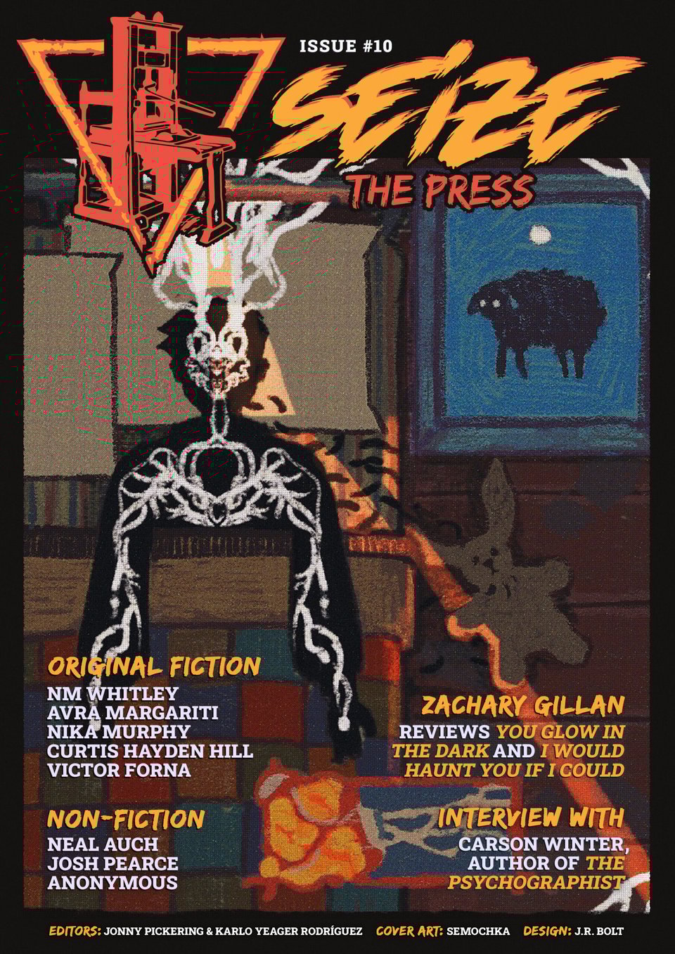 Cover of Seize The Press Magazine Issue number 10, showing a person with a skeletal nervous system lying in bed while an ominous animal floats and looks through a background window pane.