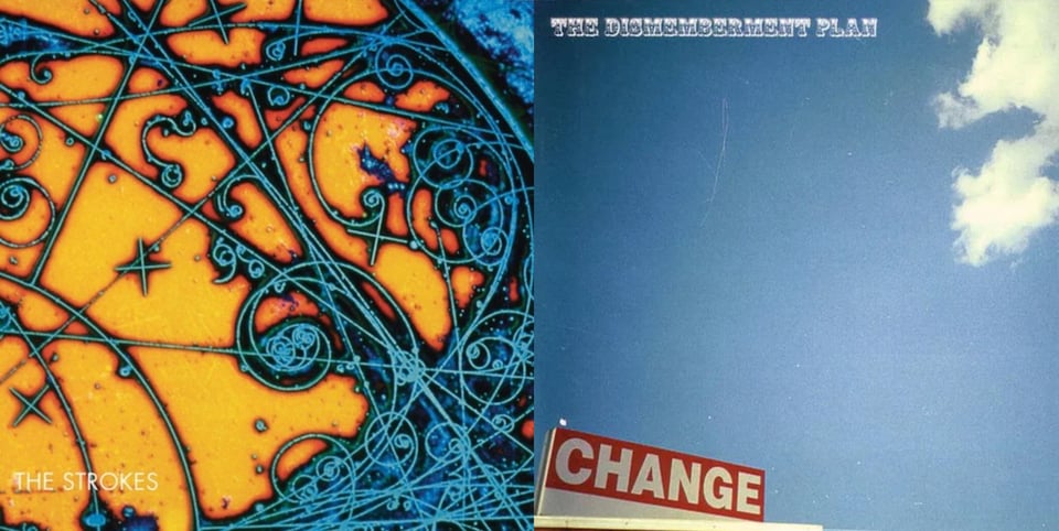 First pic: So according to Wikipedia, this is a "psychedelic photograph of subatomic particle tracks in a bubble chamber." Let me do my best to describe it. On a bright orange background are many, many bright light blue lines most of them curving into a spiral and then terminating into a dot. Across this, also in bright blue, are crosses, like crosshairs. It looks more like some kind of occult drawing than something scientific. Second pic: A color photograph of the blue sky. In the upper right, a white cloud is creeping in. In the lower left, we see a sign that reads CHANGE that is presumably on the top of an unseen building.