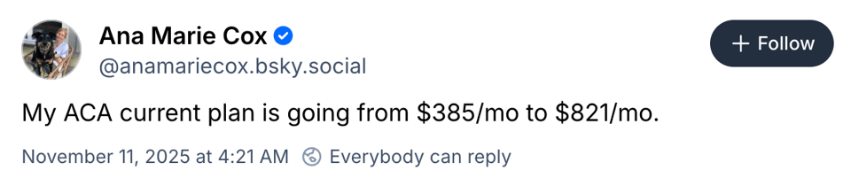 Post from Ana Marie Cox about ACS insurance going from $385 per month to $821 per month