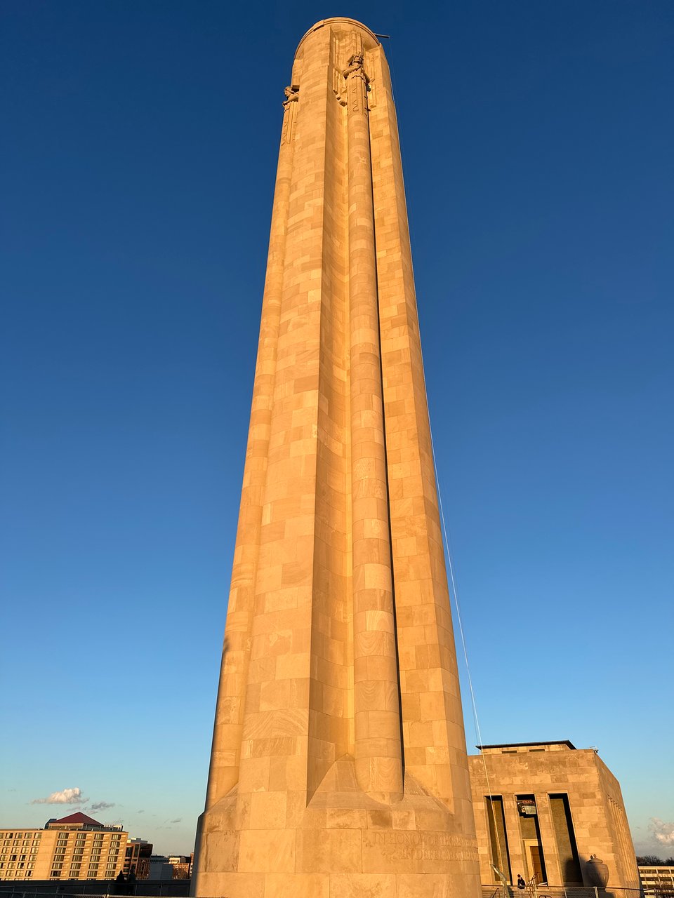 Photo of the WWI Memorial tower in Kansas City, in golden-hour light