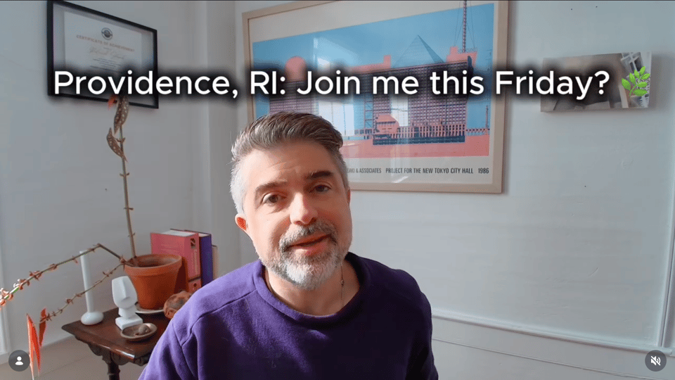 A man in a purple sweater with the words providence, RI: join me Friday?