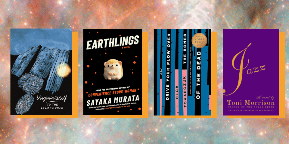 Covers for To the Lighthouse, Earthlings, Drive Your Plow Over the Bones of the Dead, and Jazz.