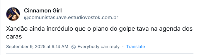 Post de Cinnamon Girl (‪@comunistasuave.estudiovostok.com.br‬) com o texto: Xandão ainda incrédulo que o plano do golpe tava na agenda dos caras