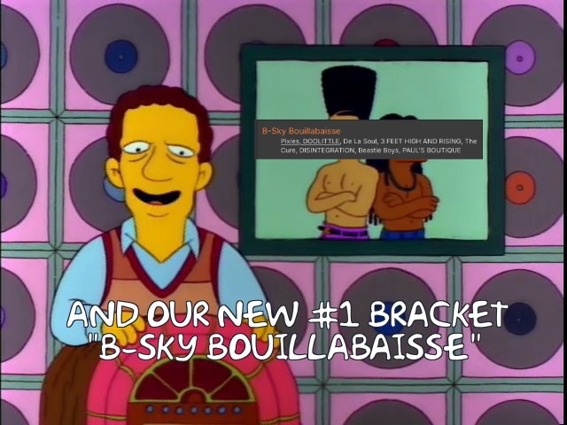 Simpsons version of Casey Kasem: "And our new #1 bracket 'B-Sky Bouillabaisse’"