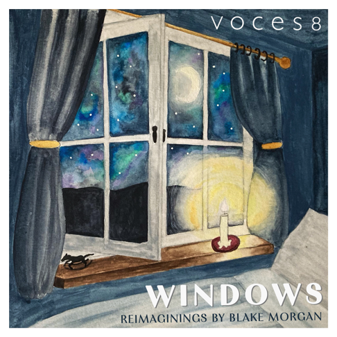 cover image for the album Windows: Reimaginings by Blake Morgan, which is a watercolor painting of a small bed and candle by a window that looks out on an illuminated night sky