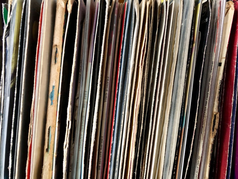 Conjunto de vinis numa prateleira