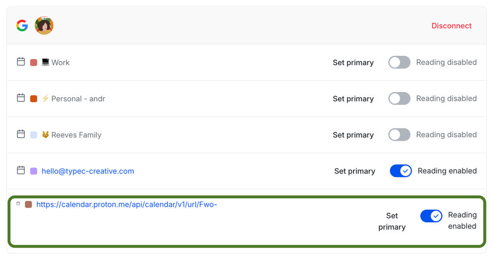 A screenshot of Tidycal with a list of GCal calendar names and a toggle button that reads 'Reading enabled.'