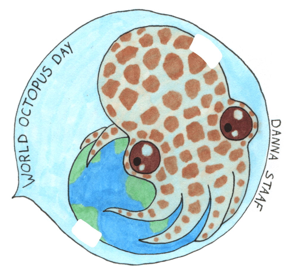 Drawing of an octopus embryo inside a translucent blue egg. The octopus has large adorable brown eyes and brown chromatophores, and it is holding a sac of yolk colored to look like the planet earth. The words "world octopus day" and "danna staaf" are written around the outside of the egg.