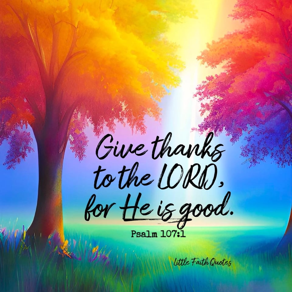 "Give thanks to the LORD, for He is good! His faithful love endures forever." ~Psalm 107:1. Image by: @Little Faith Quotes.