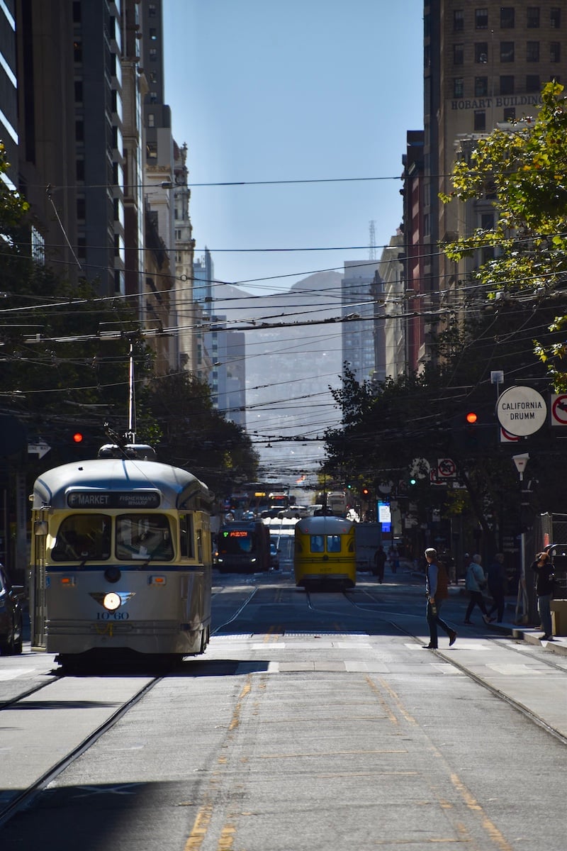 Trolleys on a street.