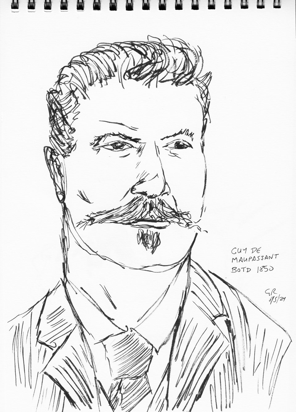 Brush-pen sketch of the author Guy De Maupassant, which looks a little like Joseph Stalin because of the mustache