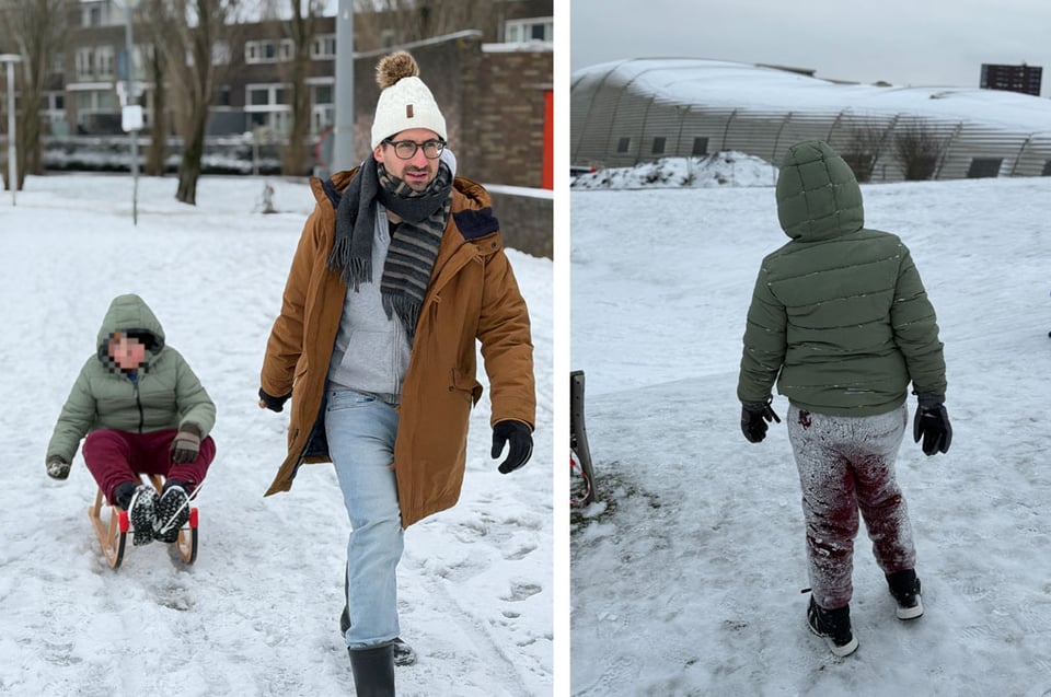 Two photos. Left hand: a man pulls a young boy on a sled in the snow. Right hand: A boy faces away from the camera, his pants are covered in snow and ice from rolling down the hill.