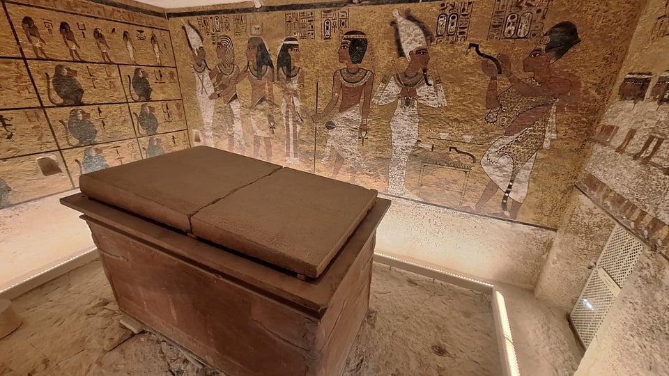 Solitary burial place in an ornate tomb, decorated with hieroglyphics