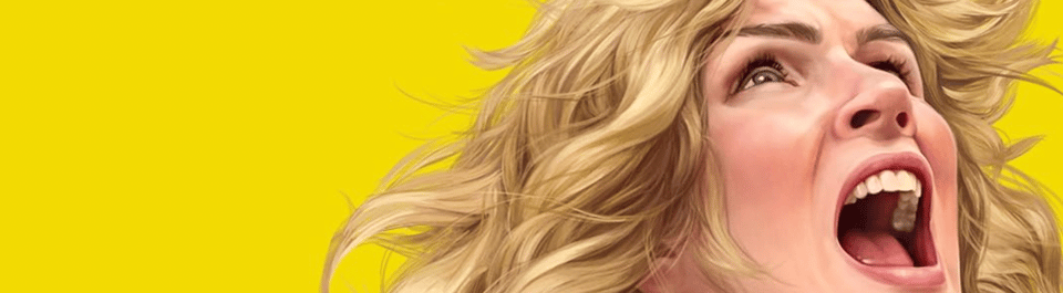 The promotional poster of Pluribus features a white woman with blonde hair screaming against a yellow background.