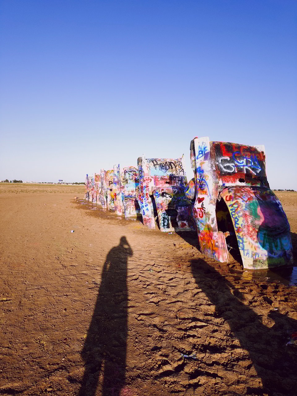 I cast a medium shadow across Cadillac Ranch.