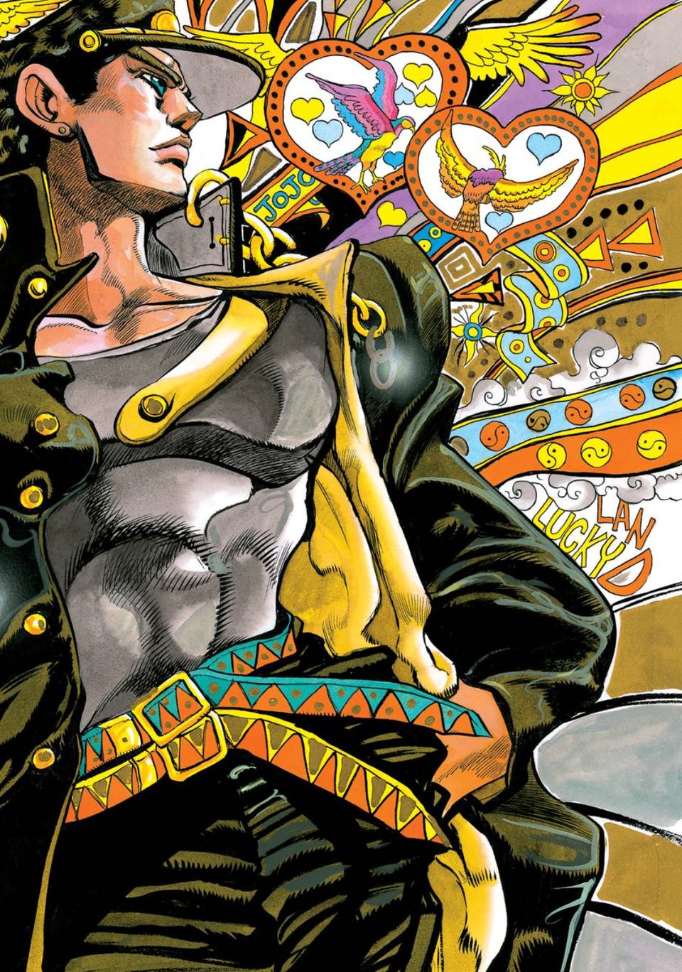 A colorful illustration of Jotaro Kujo