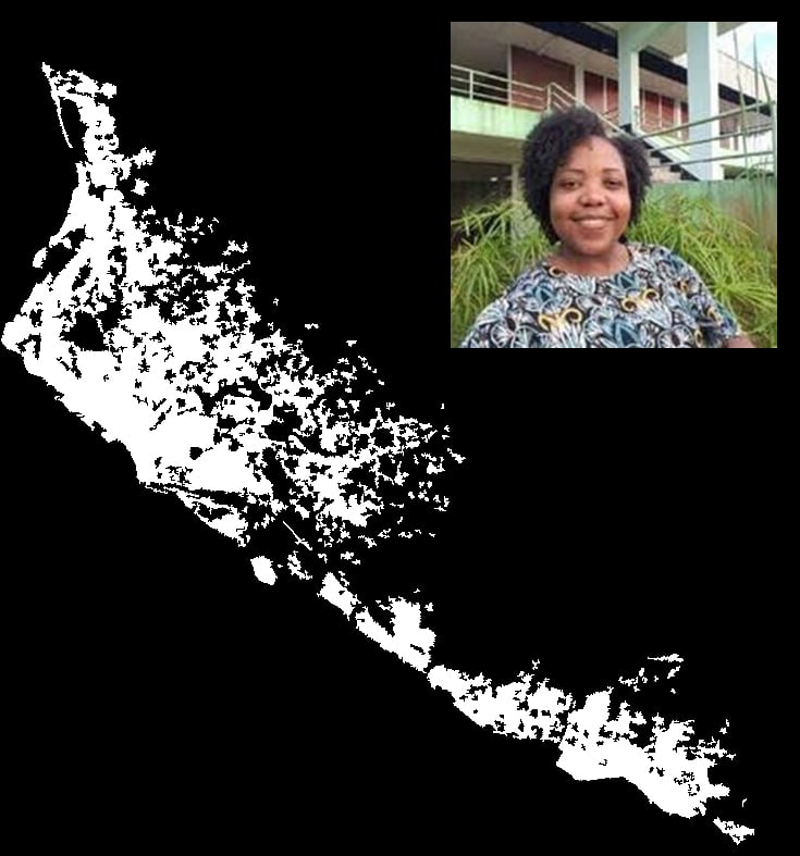An image of the dataset shared by Sharona, as well as a picture of Sharona who is smiling into the camera and stading in front of some very green plants. The map displays the morphological urban extent on the island of Aruba.