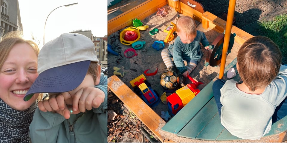 The left image shows Doro and her son, Doro is smiling and her son makes a grimace. The right image show both kids playing in the sand box.