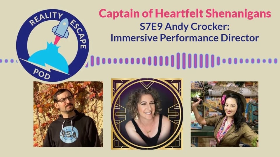 A graphic of reality escape podcast with photos of three people
