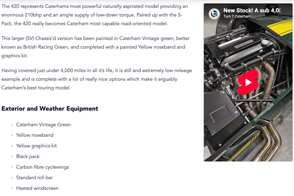A screenshot of a car page on the Turn 7 website