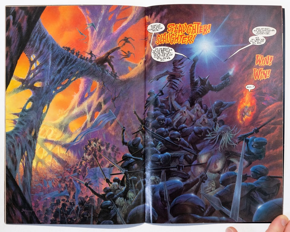 another spread from World Without End. Brother Bones is standing on a mountain of bodies and shouting "Slaughter! Slaughter!"