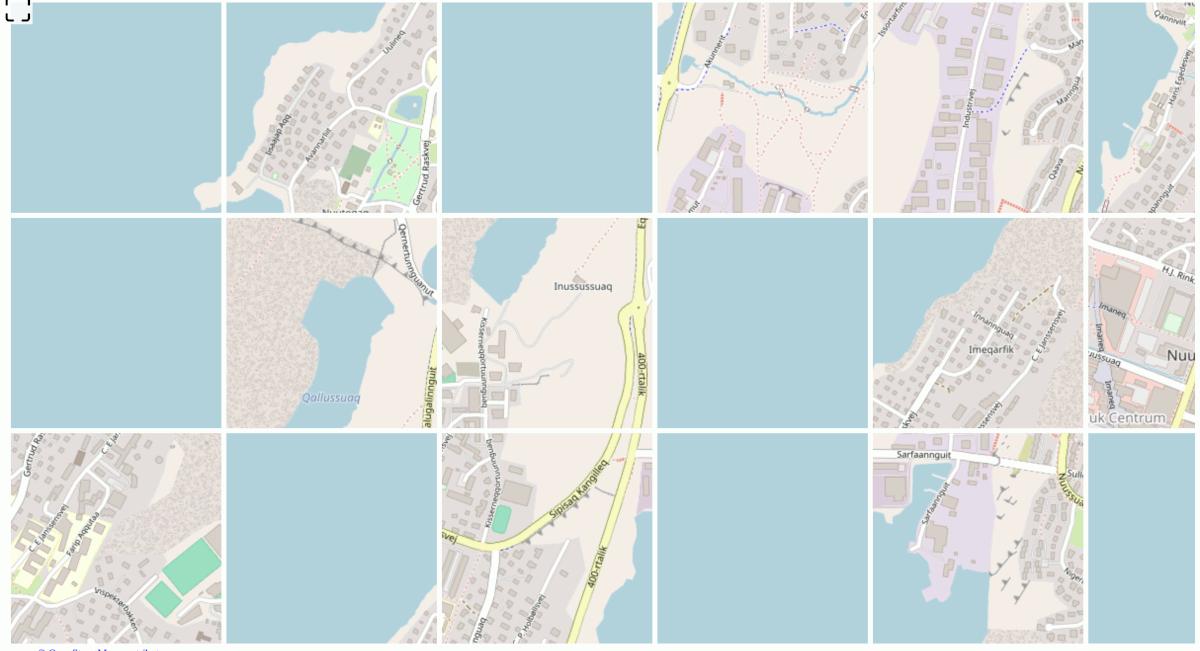 A map, but broken into 18 square tiles that are all jumbled up. You can see that the tiles comprise a map of some sort -- but it's all mixed up and needs to be solved