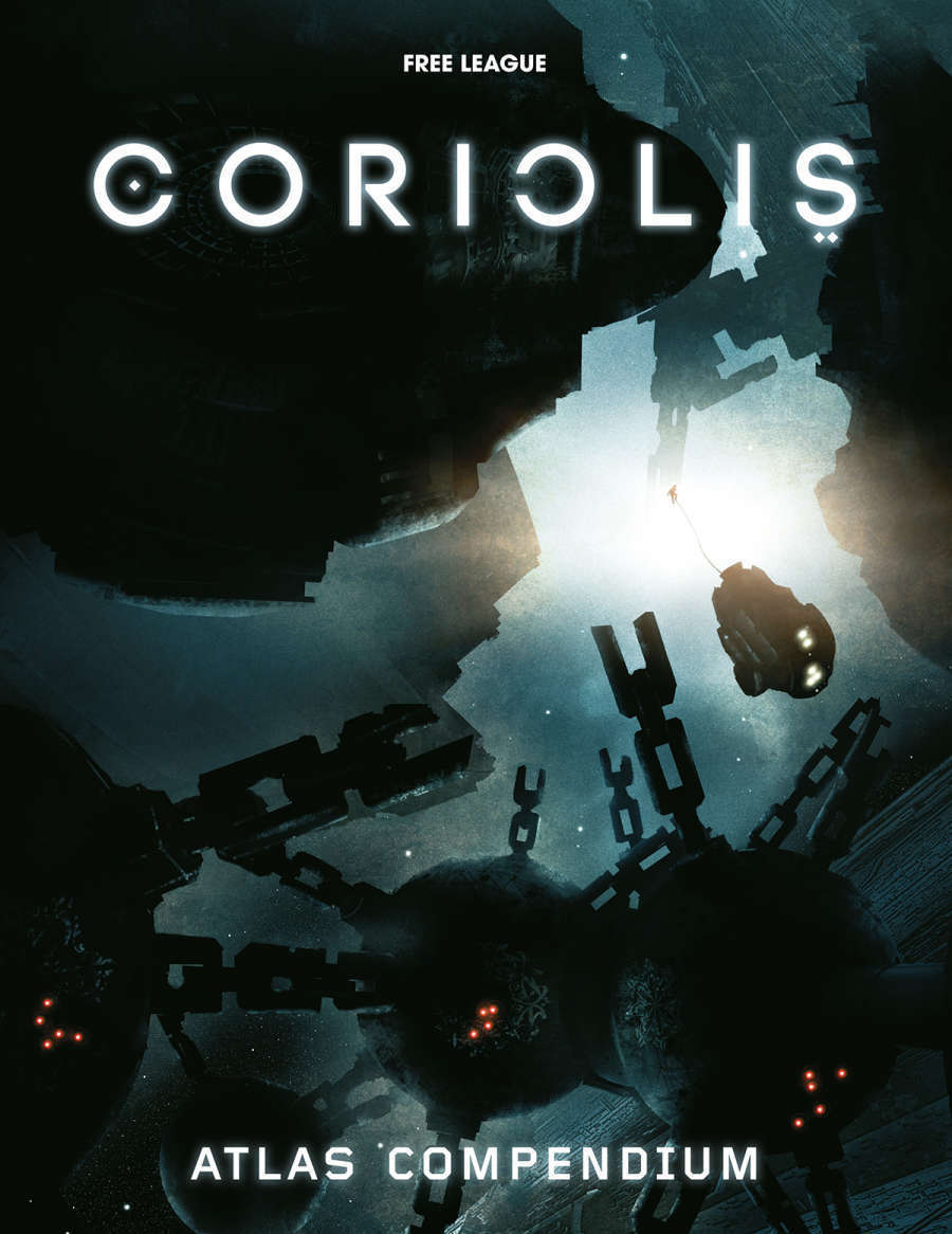Against a dark background a shuttle rifts between seemingly wrecks of ships and space stations