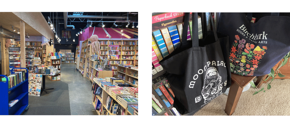 Interior of Moon Palace books and tote bags from Moon Palace and Birchbark 