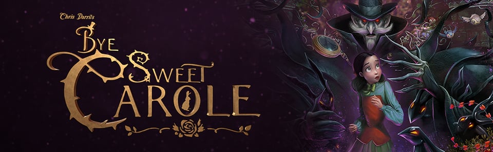 Promotional image for Bye Sweet Carole (game). The main heroine, Lana, is seen on the right of the title words looking around, while an ominous dark figure is seen behind her.