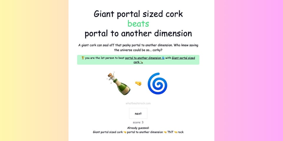 A still from the game that says Giant portal sized cork beats portal to another dimension.