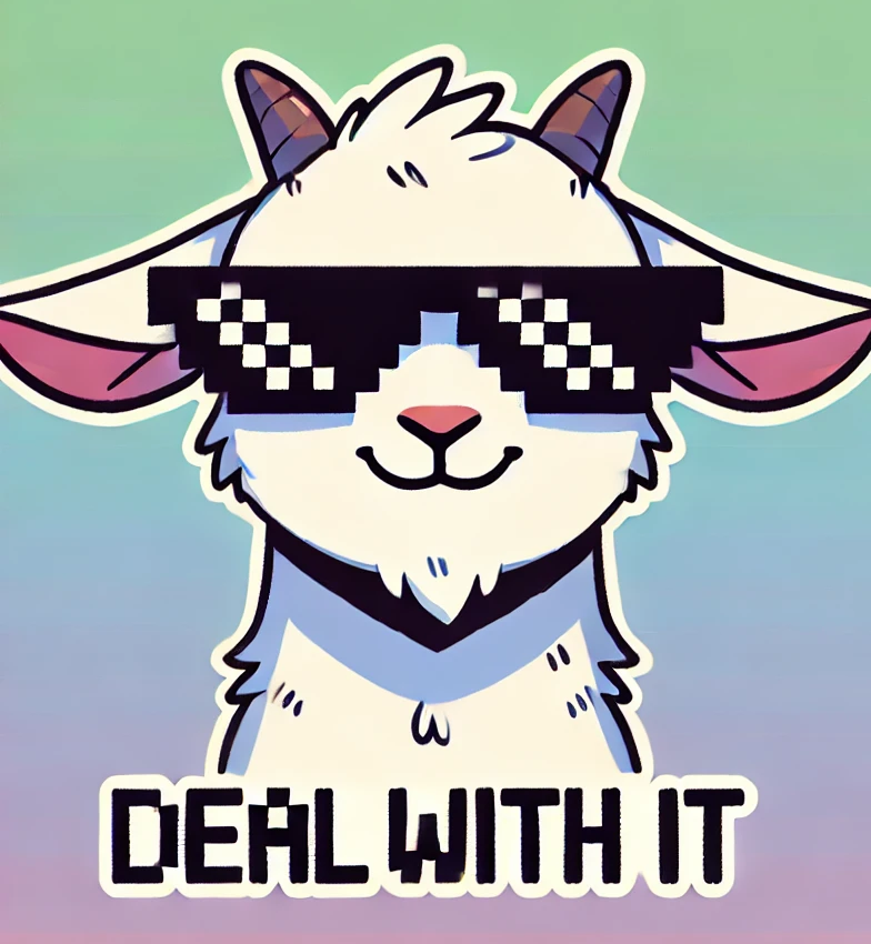 A ridiculous cartoon goat wearing the internet meme “deal with it” sunglasses, AI generated fake watercolor