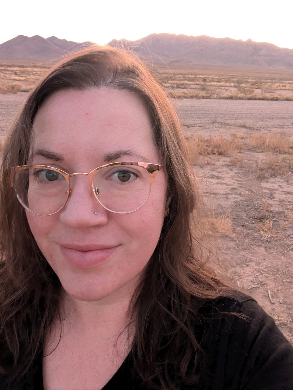 A self-portrait of the author, a white woman with long brown hair and gold-rimmed glasses, standing on a barren landscape with a mountain range limned by sunrise behind her.
