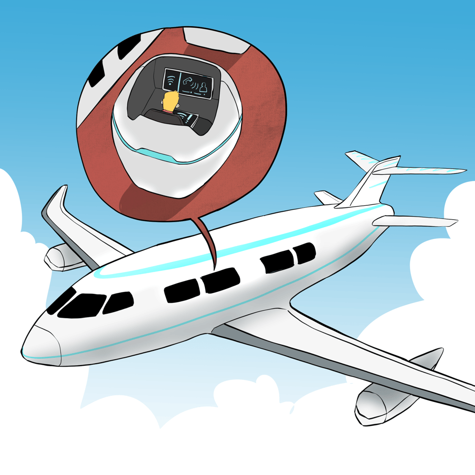 A jet plane is flying through the sky. A thought bubble is coming out of the plane showing that inside is a man in front of several screens that show him communicating with people elsewhere.