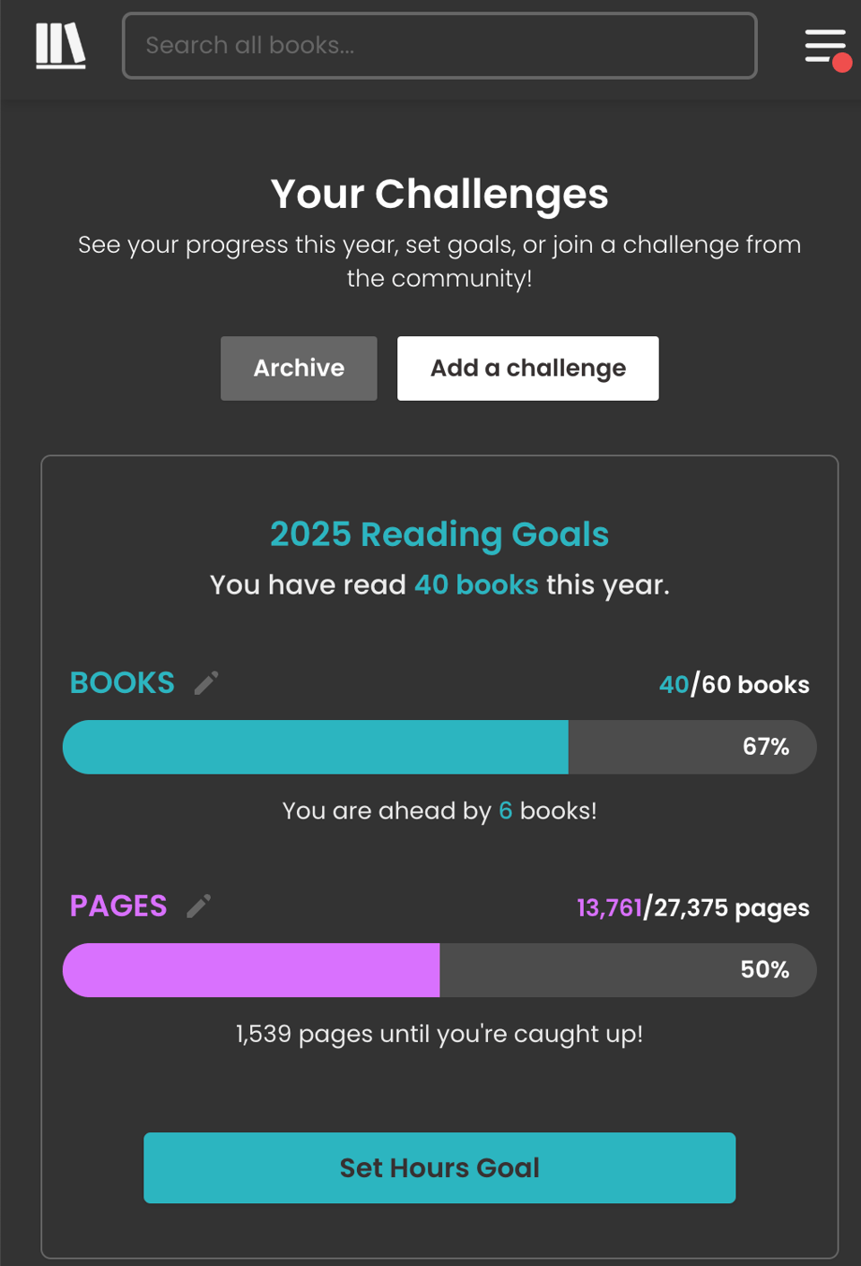 A refreshed dark interface with two vibrant progress bars: bright aqua for books and bold pink for pages. The bars are pill-shaped with matching coloured labels above them. A bright aqua button below creates a stronger visual pop.