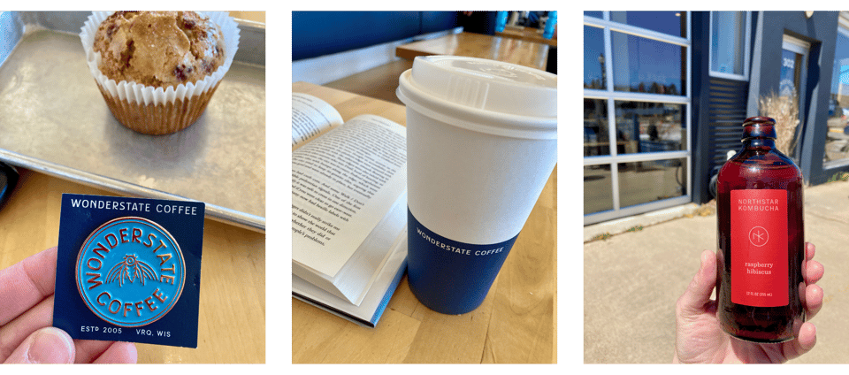 a muffin and a wonderstate coffee pin, another picture of a paper coffee cup and a book, and a third featuring a bottle of kombucha
