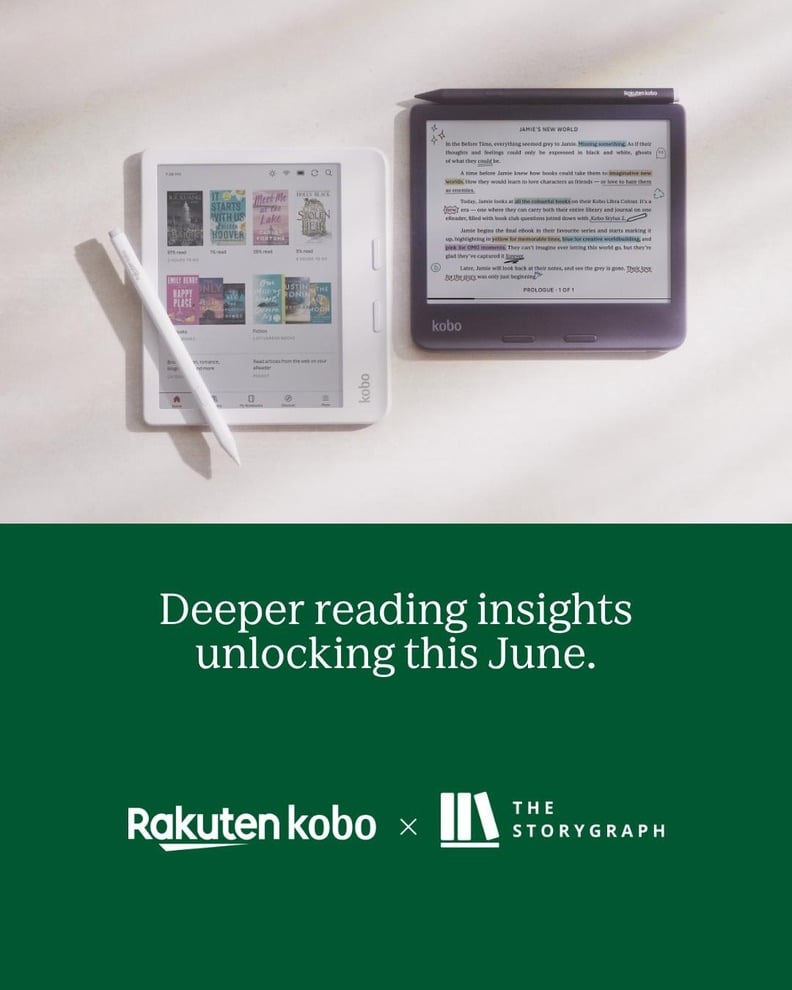 Announcement graphic showing two Kobo e-readers on a light background. Below, on a dark green panel, text reads: “Deeper reading insights unlocking this June.” The Rakuten Kobo and The StoryGraph logos appear underneath.
