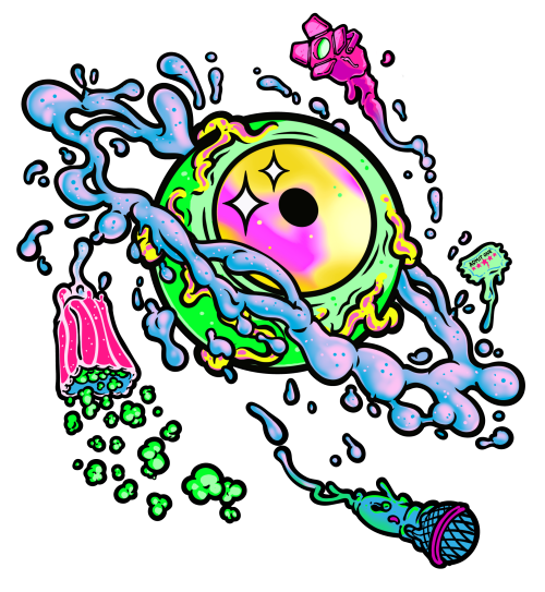 The New Zealand Fringe Festival Logo: a giant green, pink and yellow eye staring, unblinking, into the distance, surrounded by a ring of blue splooge, with popcorn, tickets, theatre lights and a microphone with a little eye and mouth emerging from the goo.